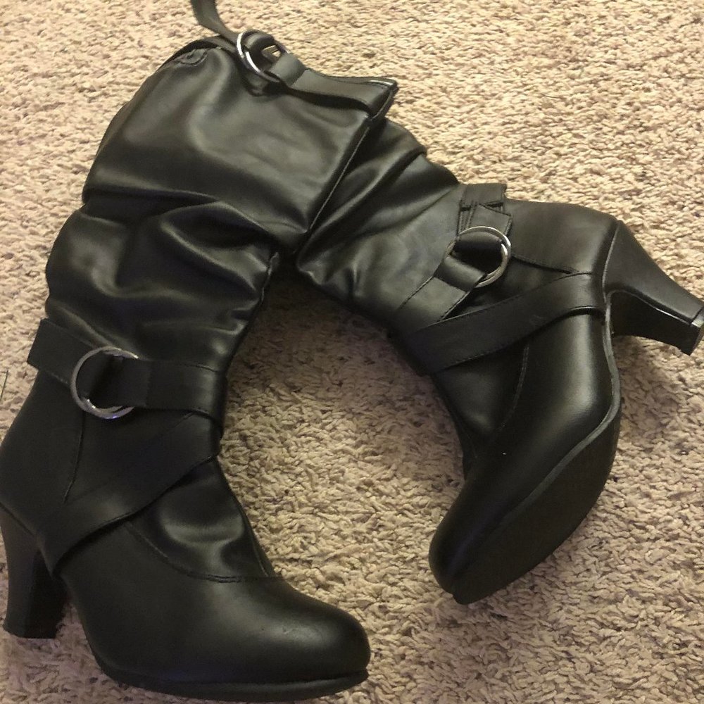 DailyShoes Women's Mid Calf Ankle Strap Slouchy Pu